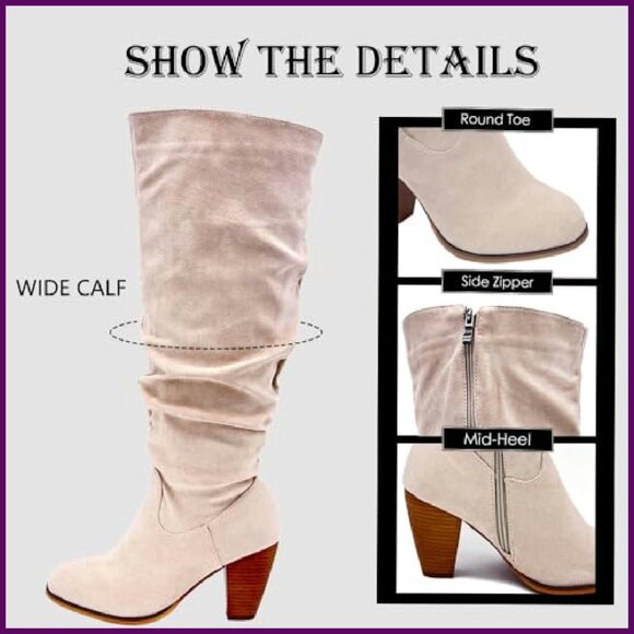 Extra Wide Calf Knee High Boots, Chunky Heel Pointed Toe Side Zipper - Picture 6 of 8